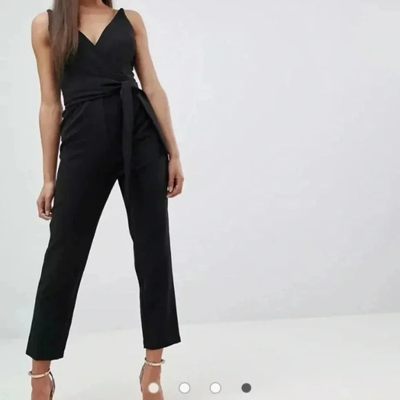 ASOS Black Jumpsuit V-Neck Fitted with Tie Waist - Picture 1 of 7